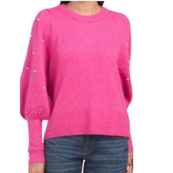 CeCe Pink Imitation Pearl Juliet Sleeve Sweater Size large beautiful like new 💕 - Picture 3 of 12